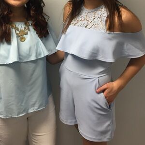 Express Light Blue Lace Overlay Romper